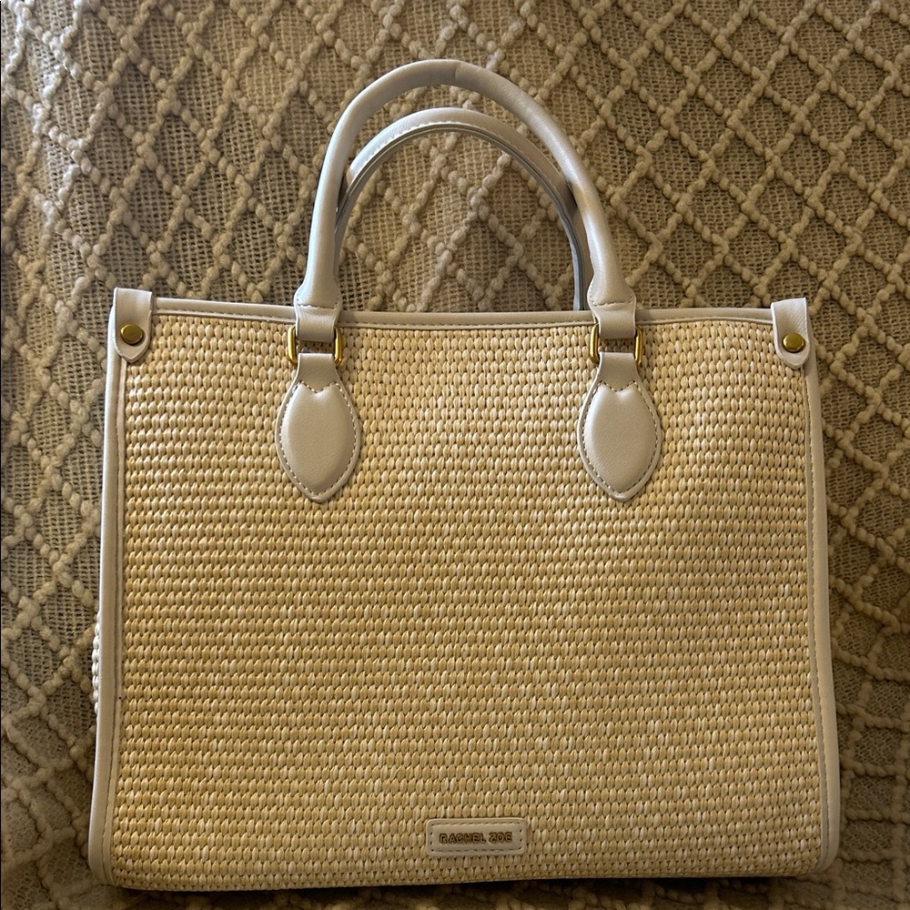 Rachel Zoe Beige Straw Tote with Cream Trim